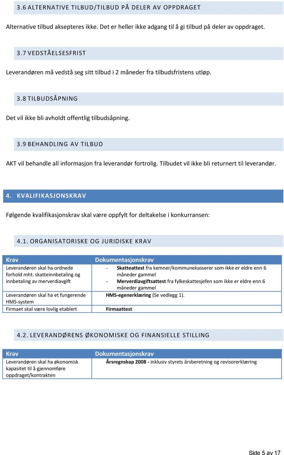 Tilbudet vil ikke bli returnert til leverandør. 4. KVALIFIKASJONSKRAV Følgende kvalifikasjonskrav skal være oppfylt for deltakelse i konkurransen: 4.1.