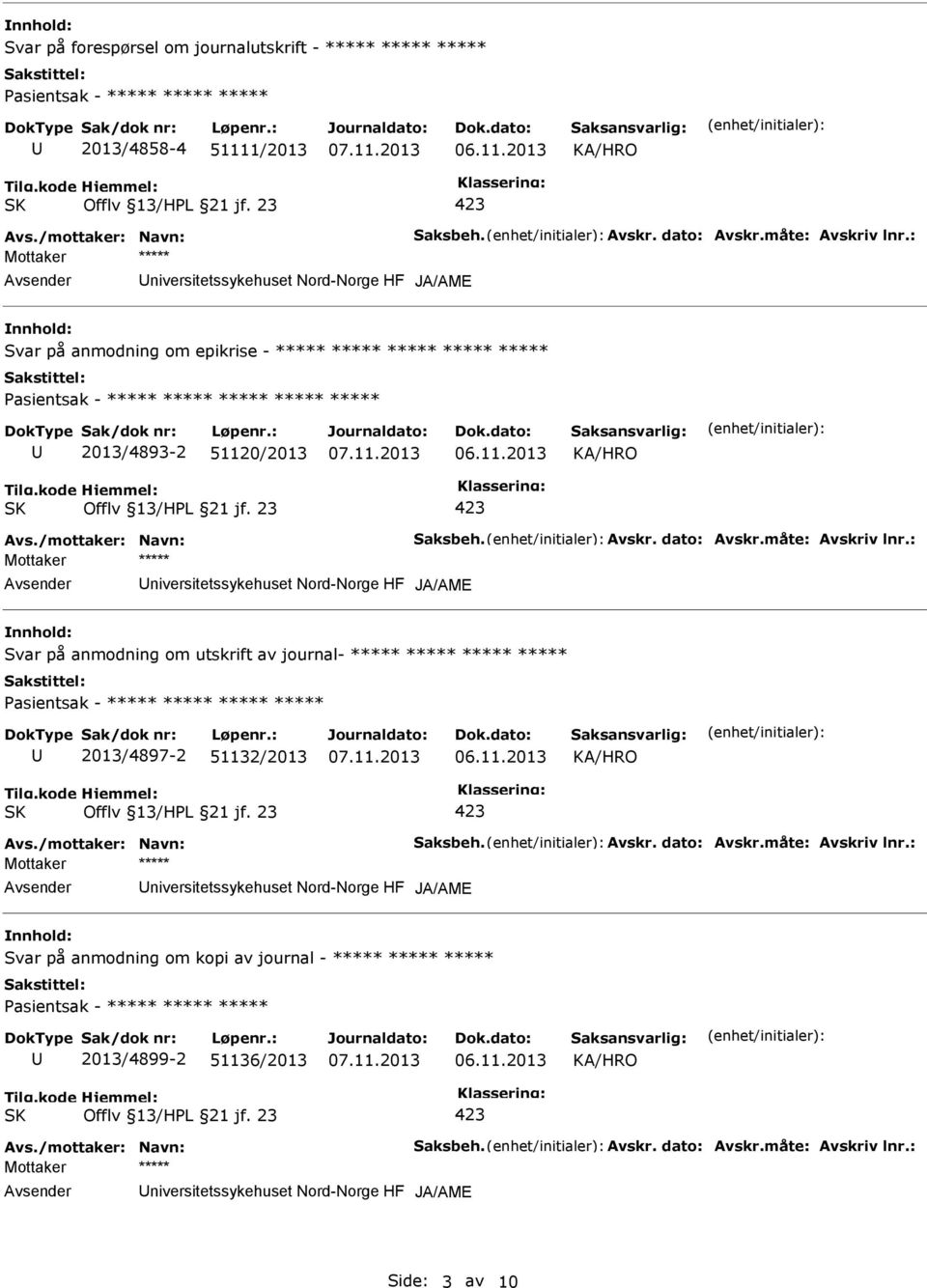 måte: Avskriv lnr.: niversitetssykehuset Nord-Norge HF Svar på anmodning om utskrift av journal- ***** ***** ***** ***** 2013/4897-2 51132/2013 Avs./mottaker: Navn: Saksbeh. Avskr. dato: Avskr.