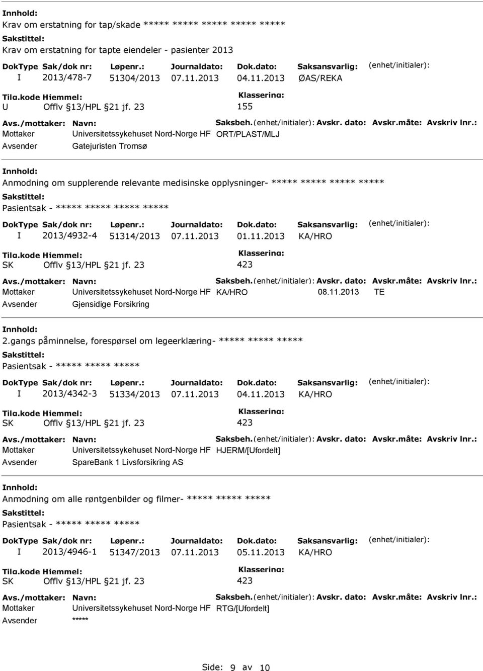 : Mottaker niversitetssykehuset Nord-Norge HF ORT/PLAST/MLJ Gatejuristen Tromsø Anmodning om supplerende relevante medisinske opplysninger- ***** ***** ***** ***** 2013/4932-4 51314/2013 01.11.