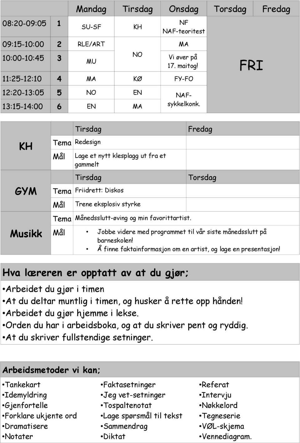 KH GYM Tirsdag Redesign Lage et nytt klesplagg ut fra et gammelt Tirsdag Friidrett: Diskos Trene eksplosiv styrke Fredag Torsdag Musikk Månedsslutt-øving og min favorittartist.