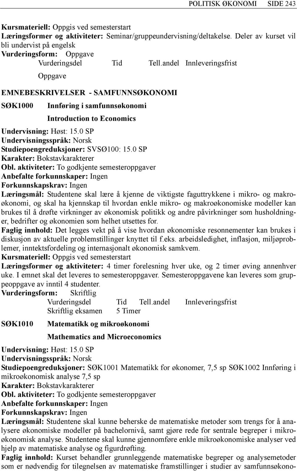 0 SP Studiepoengreduksjoner: SVSØ100: 15.0 SP Obl.