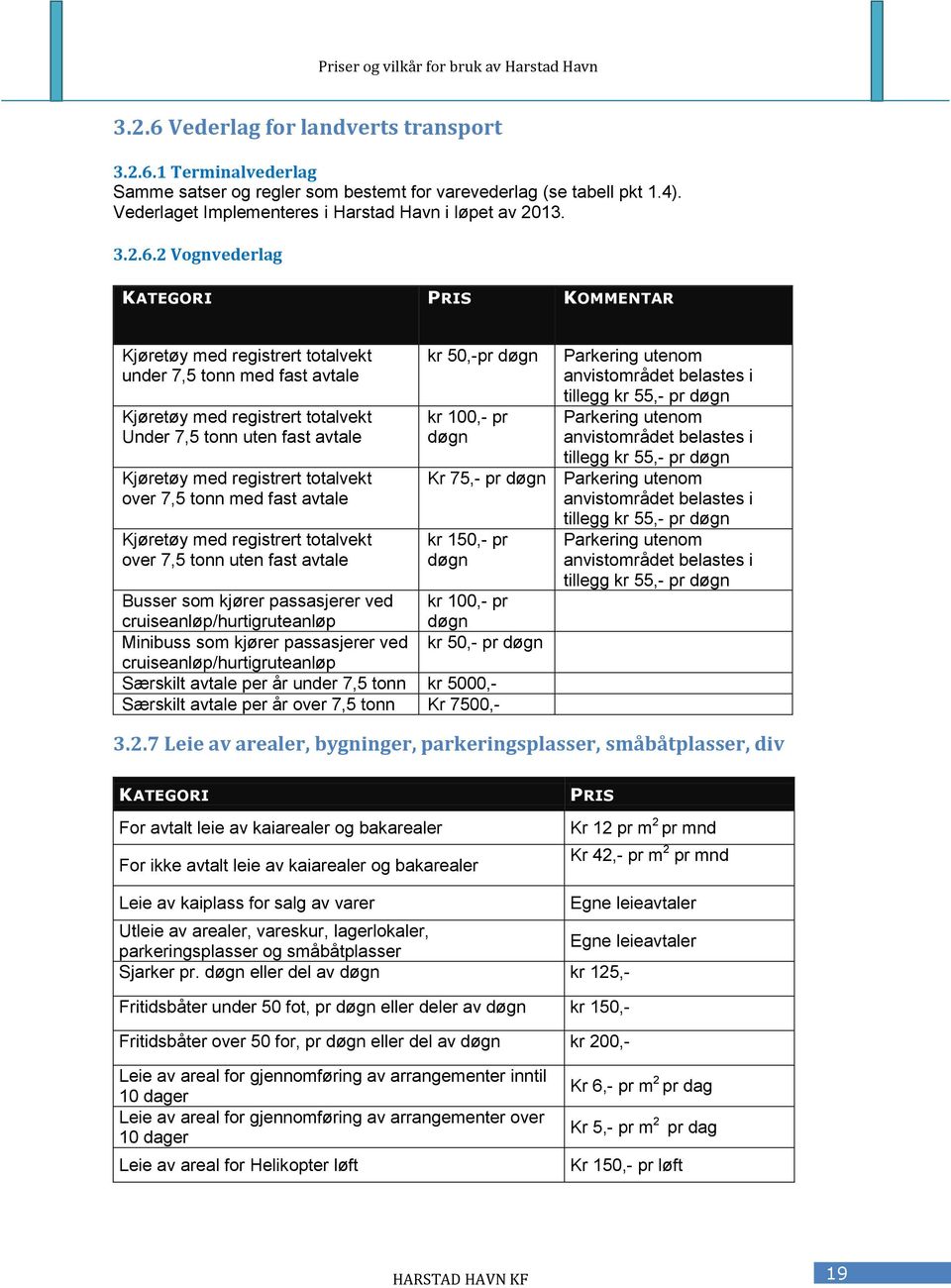 1 Terminalvederlag Samme satser og regler som bestemt for varevederlag (se tabell pkt 1.4). Vederlaget Implementeres i Harstad Havn i løpet av 2013. 3.2.6.