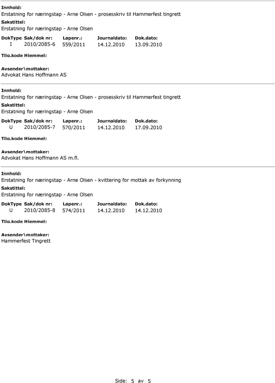 2010 nnhold: - prosesskriv til Hammerfest tingrett 2010/2085-7