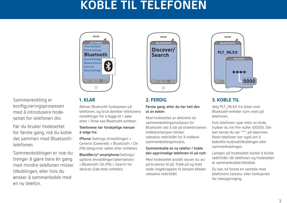 KLAR Aktiver Bluetooth-funksjonen på telefonen, og bruk deretter telefonens innstillinger for å legge til / søke etter / finne nye Bluetooth-enheter.