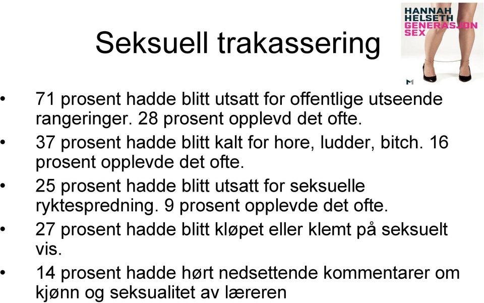 16 prosent opplevde det ofte. 25 prosent hadde blitt utsatt for seksuelle ryktespredning.