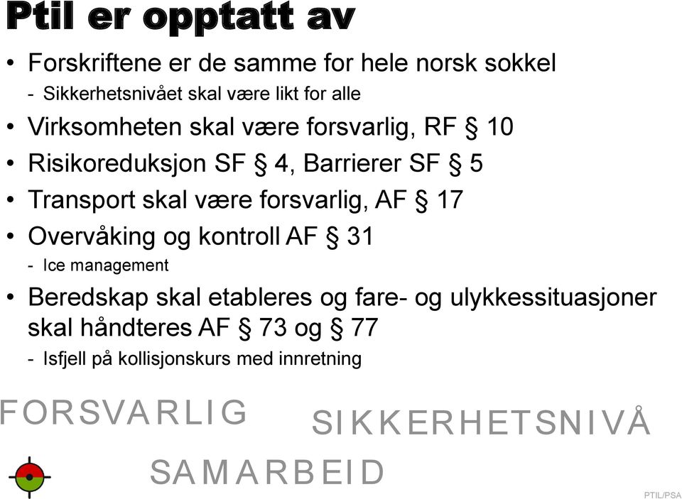 AF 17 Overvåking og kontroll AF 31 - Ice management Beredskap skal etableres og fare- og ulykkessituasjoner