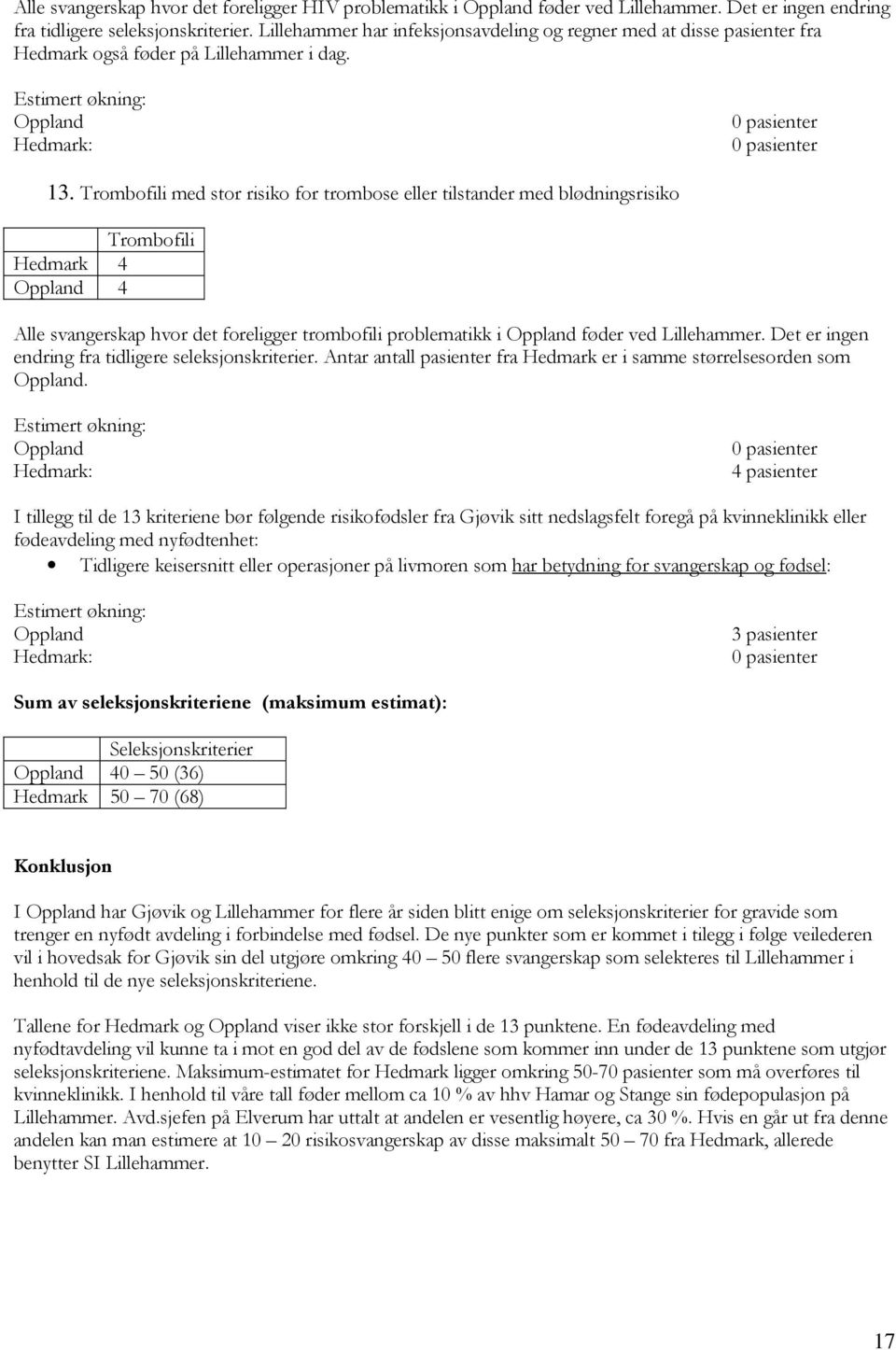 Trombofili med stor risiko for trombose eller tilstander med blødningsrisiko Trombofili Hedmark 4 4 Alle svangerskap hvor det foreligger trombofili problematikk i føder ved Lillehammer.