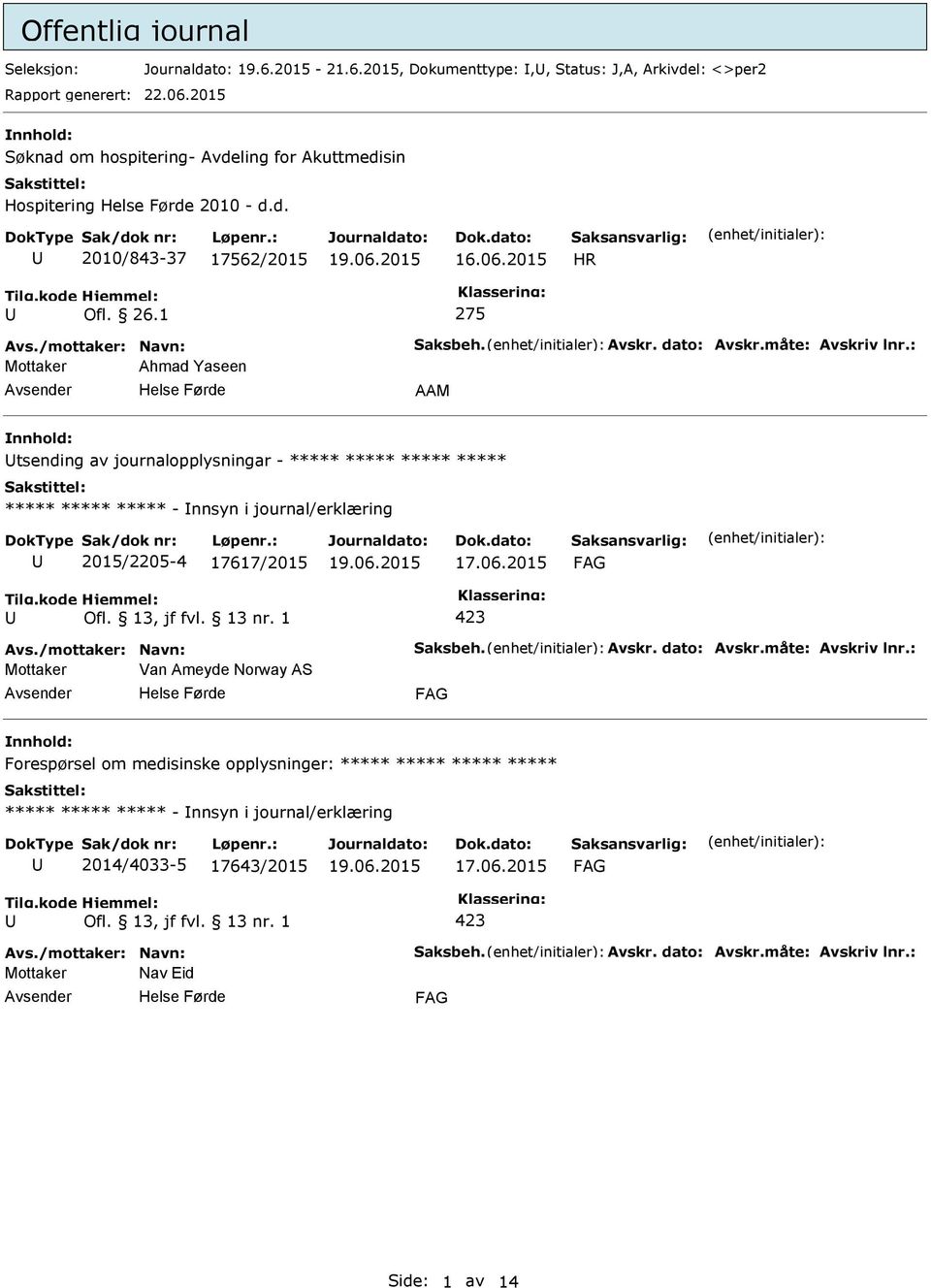 måte: Avskriv lnr.: Mottaker Ahmad Yaseen AAM tsending av journalopplysningar - - nnsyn i journal/erklæring 2015/2205-4 17617/2015 Avs./mottaker: Navn: Saksbeh. Avskr. dato: Avskr.