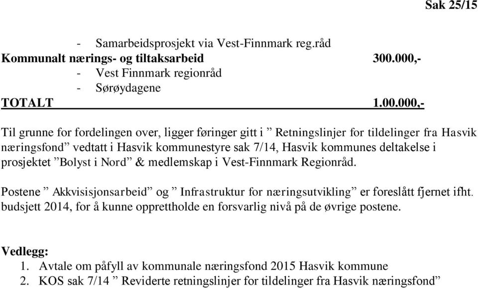 i Hasvik kommunestyre sak 7/14, Hasvik kommunes deltakelse i prosjektet Bolyst i Nord & medlemskap i Vest-Finnmark Regionråd.