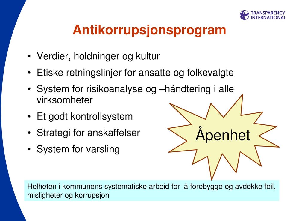 godt kontrollsystem Strategi for anskaffelser System for varsling Åpenhet Helheten i