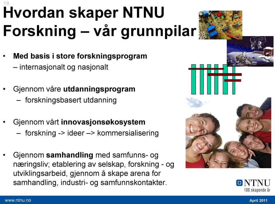 forskning -> ideer > kommersialisering Gjennom samhandling med samfunns- og næringsliv; etablering av selskap,