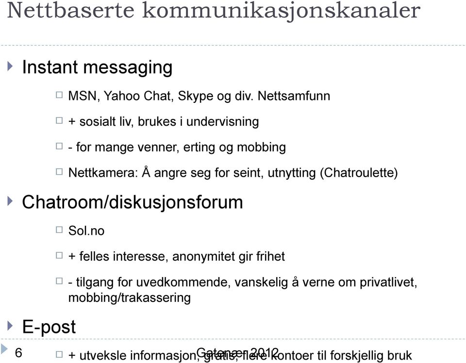 seint, utnytting (Chatroulette) Chatroom/diskusjonsforum E-post Sol.