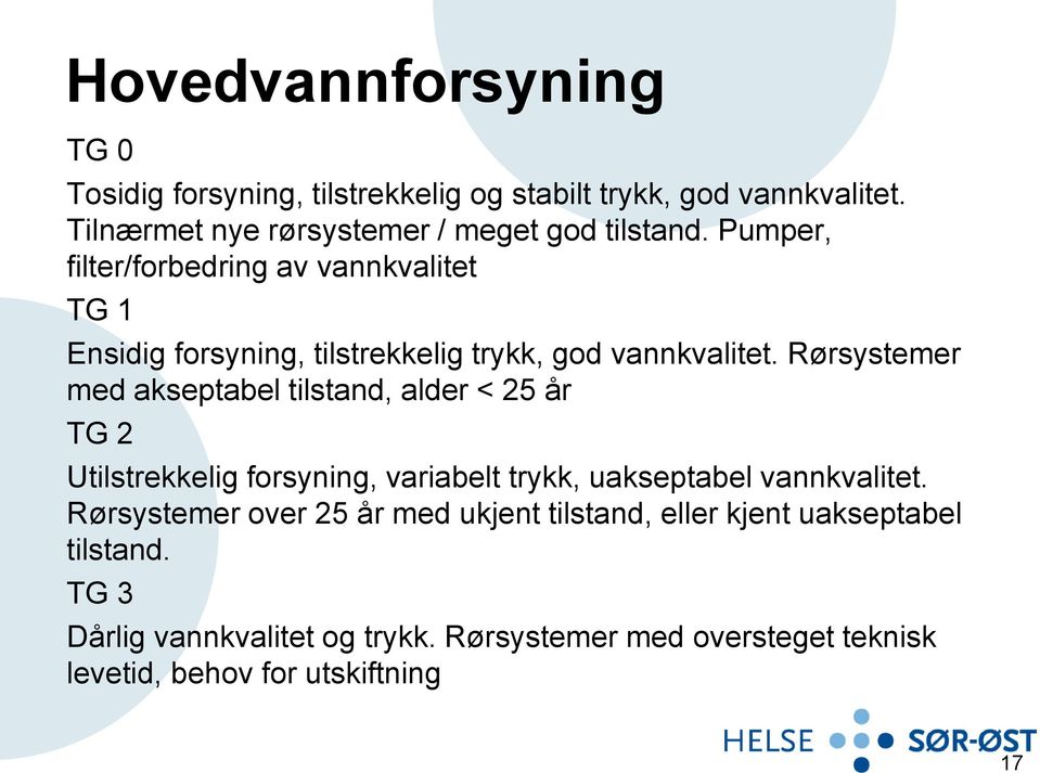 Pumper, filter/forbedring av vannkvalitet TG 1 Ensidig forsyning, tilstrekkelig trykk, god vannkvalitet.