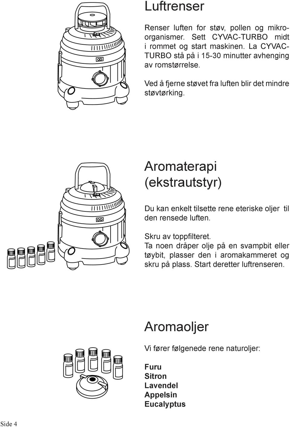 Aromaterapi (ekstrautstyr) Du kan enkelt tilsette rene eteriske oljer til den rensede luften. Skru av toppfilteret.