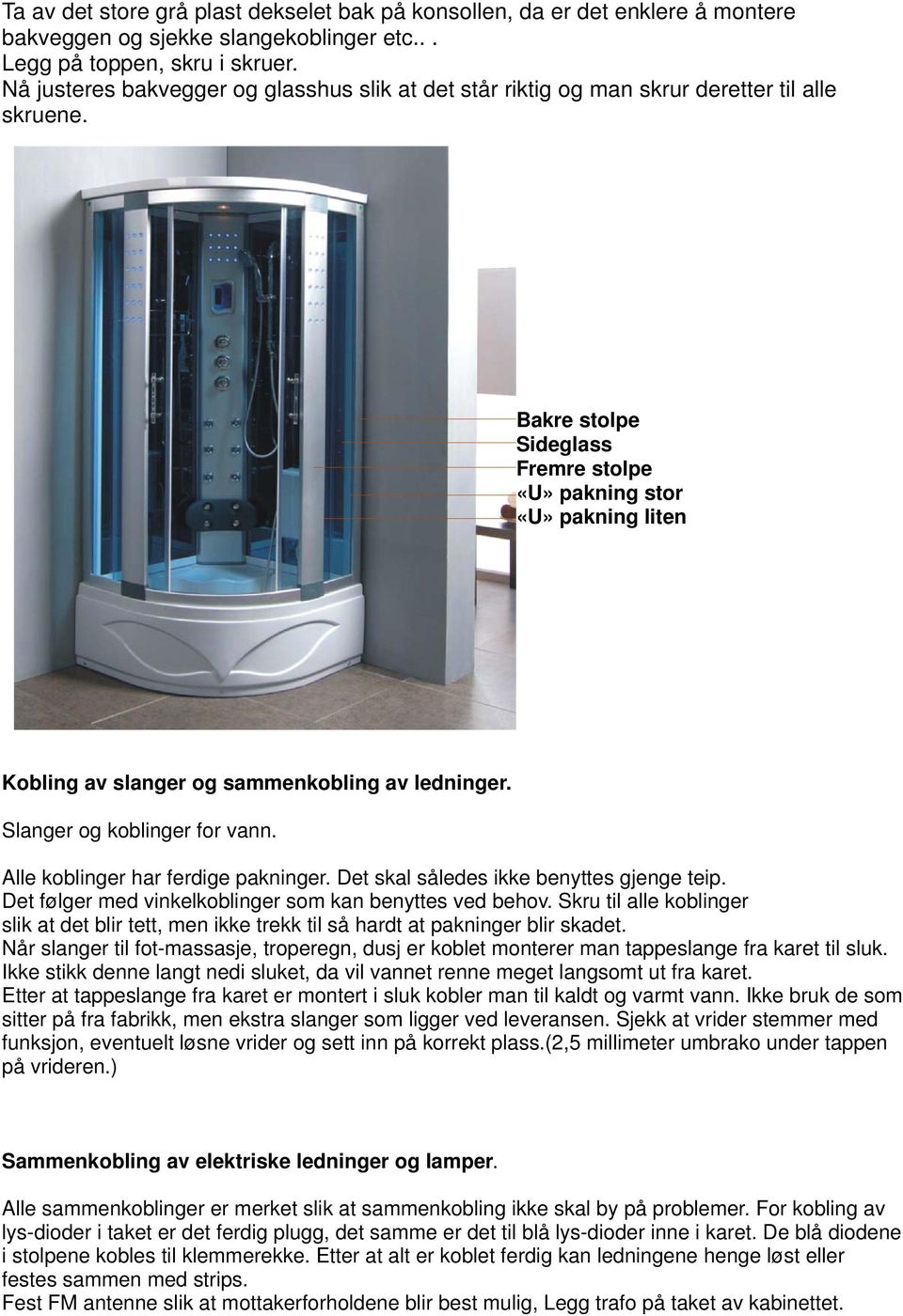 Bakre stolpe Sideglass Fremre stolpe «U» pakning stor «U» pakning liten Kobling av slanger og sammenkobling av ledninger. Slanger og koblinger for vann. Alle koblinger har ferdige pakninger.