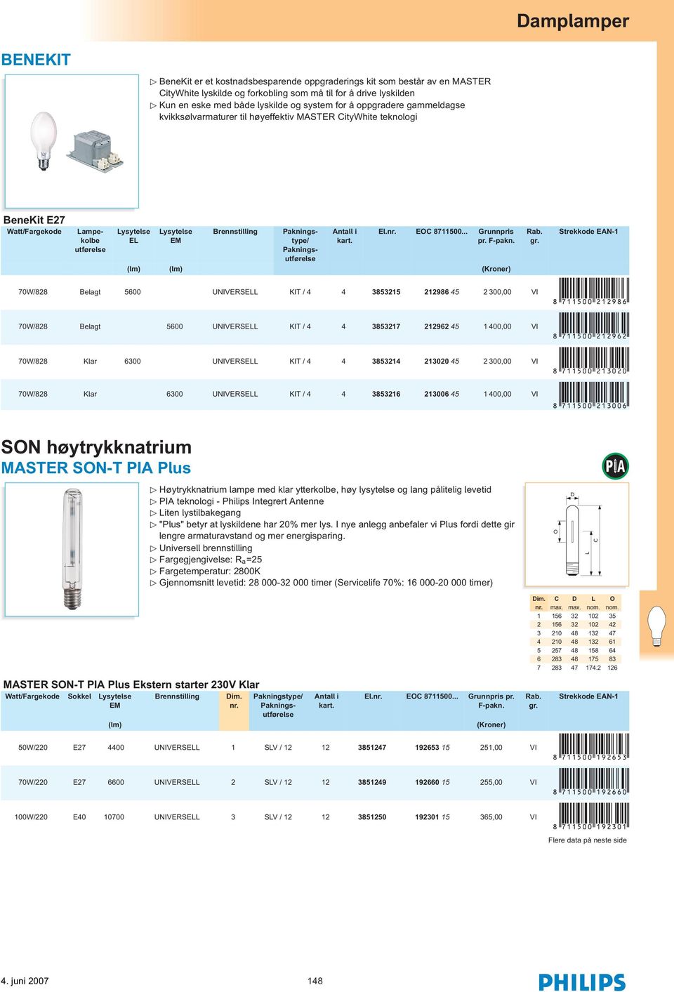 70W/828 Belagt 5600 UNIVERSE KIT / 4 4 3853215 212986 45 2 300,00 VI 8 711500 212986 70W/828 Belagt 5600 UNIVERSE KIT / 4 4 3853217 212962 45 1 400,00 VI 8 711500 212962 70W/828 Klar 6300 UNIVERSE