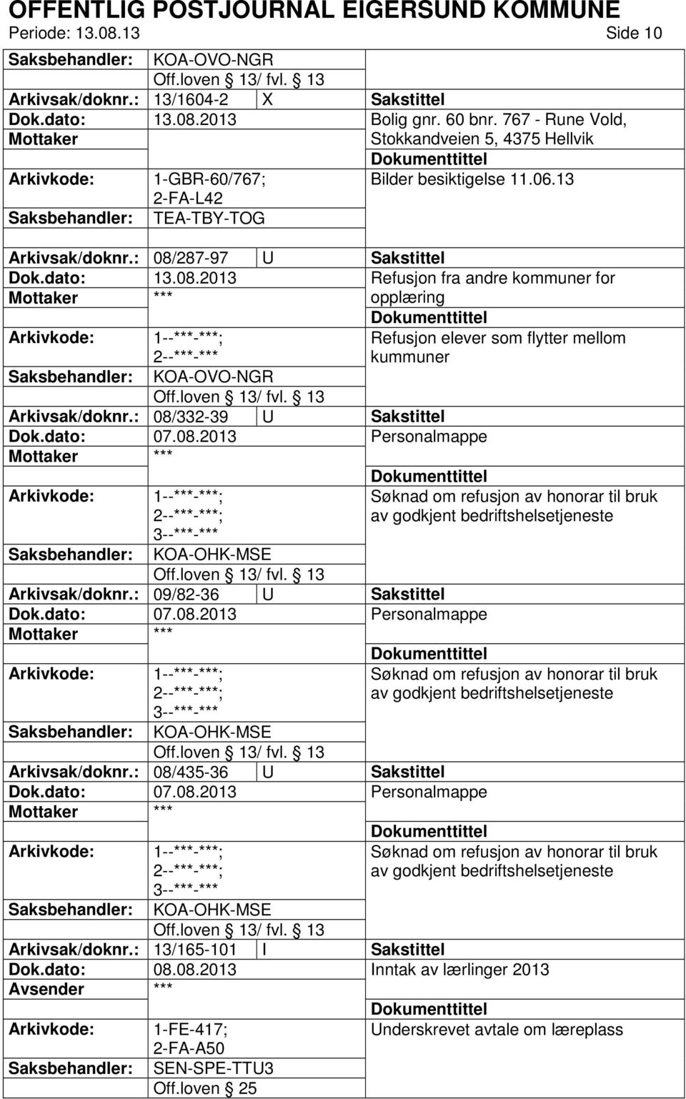 08.2013 *** Søknad om refusjon av honorar til bruk av godkjent bedriftshelsetjeneste KOA-OHK-MSE Arkivsak/doknr.: 09/82-36 U Sakstittel Dok.dato: 07.08.2013 *** KOA-OHK-MSE Arkivsak/doknr.