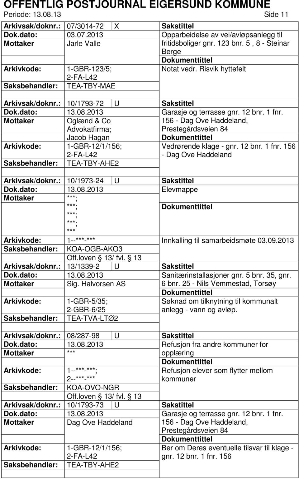 Oglænd & Co Advokatfirma; Jacob Hagan 156 - Dag Ove Haddeland, Prestegårdsveien 84 1-GBR-12/1/156; Vedrørende klage - gnr. 12 bnr. 1 fnr. 156 - Dag Ove Haddeland TEA-TBY-AHE2 Arkivsak/doknr.