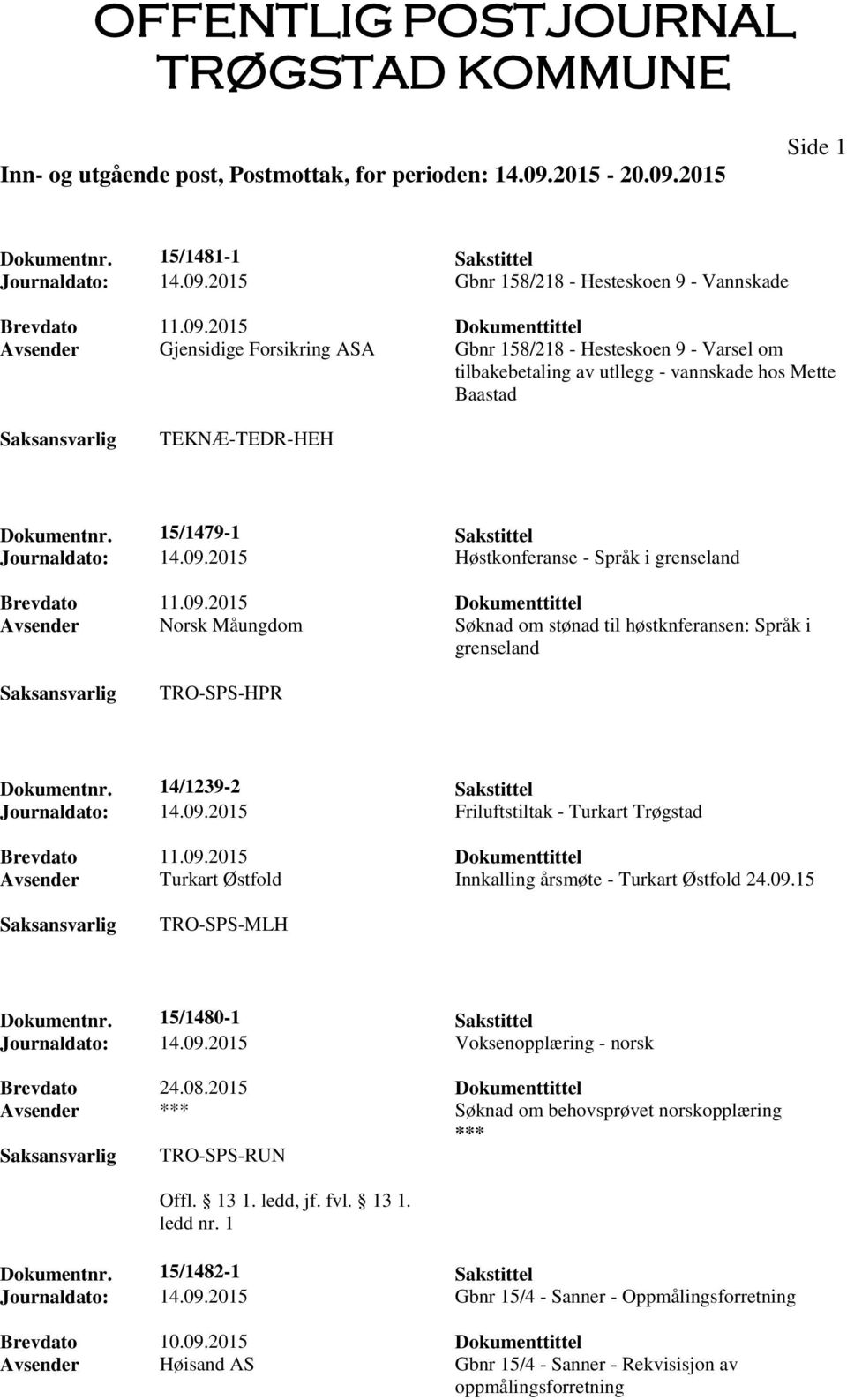 2015 Dokumenttittel Avsender Gjensidige Forsikring ASA Gbnr 158/218 - Hesteskoen 9 - Varsel om tilbakebetaling av utllegg - vannskade hos Mette Baastad TEKNÆ-TEDR-HEH Dokumentnr.