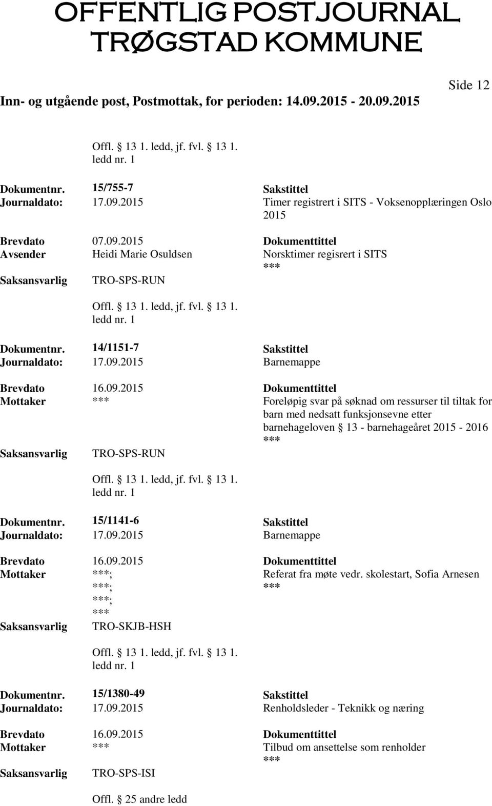 2015 Barnemappe Mottaker Foreløpig svar på søknad om ressurser til tiltak for barn med nedsatt funksjonsevne etter barnehageloven 13 - barnehageåret 2015-2016 TRO-SPS-RUN Dokumentnr.