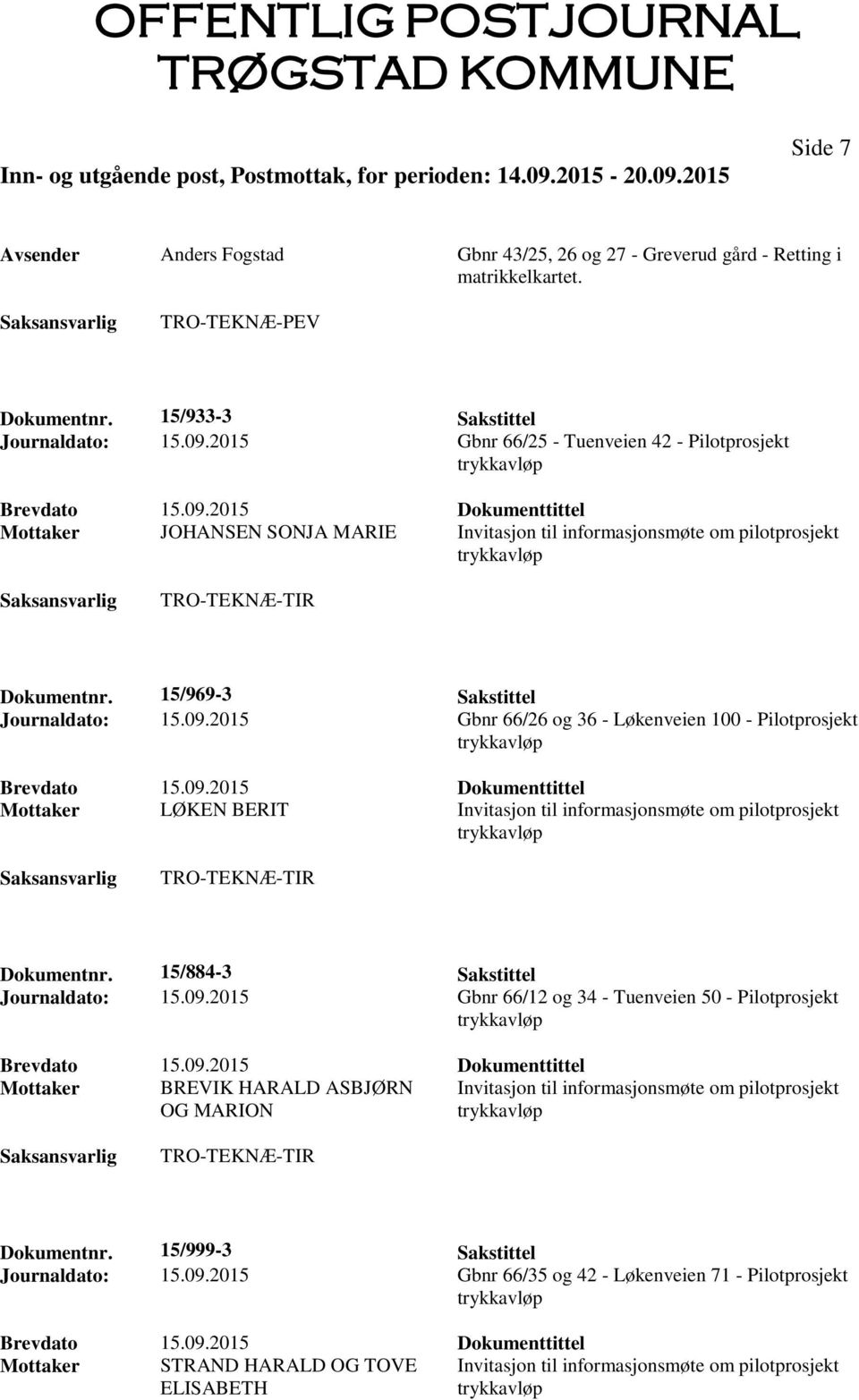 2015 Gbnr 66/26 og 36 - Løkenveien 100 - Pilotprosjekt Mottaker LØKEN BERIT Invitasjon til informasjonsmøte om pilotprosjekt Dokumentnr. 15/884-3 Sakstittel Journaldato: 15.09.