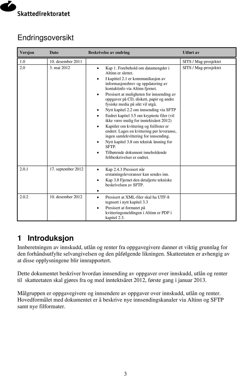 Presisert at muligheten for innsending av oppgaver på CD, diskett, papir og andre fysiske media på sikt vil utgå. Nytt kapitel 2.2 om innsending via SFTP Endret kapitel 3.