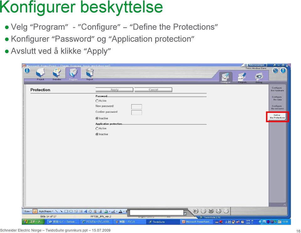 Konfigurer Password og Application