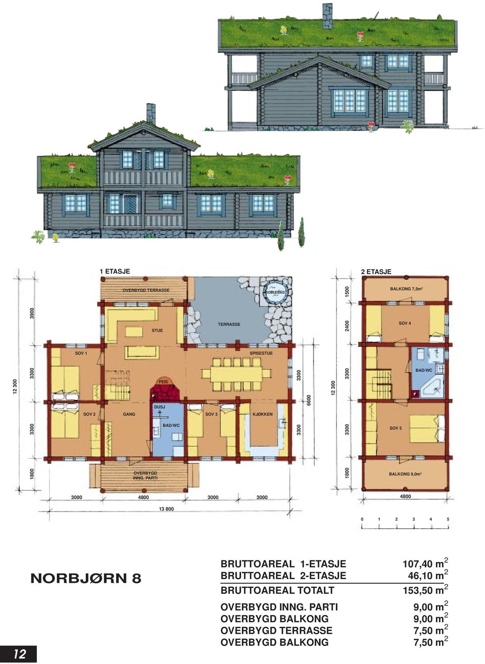 SOV 4 BAD/ SOV 5 BALKONG 9,0m 2 3000 4800 3000 3000 4800 13 800 12 NORBJØRN 8 BRUTTOAREAL 1-ETASJE 107,40 m 2