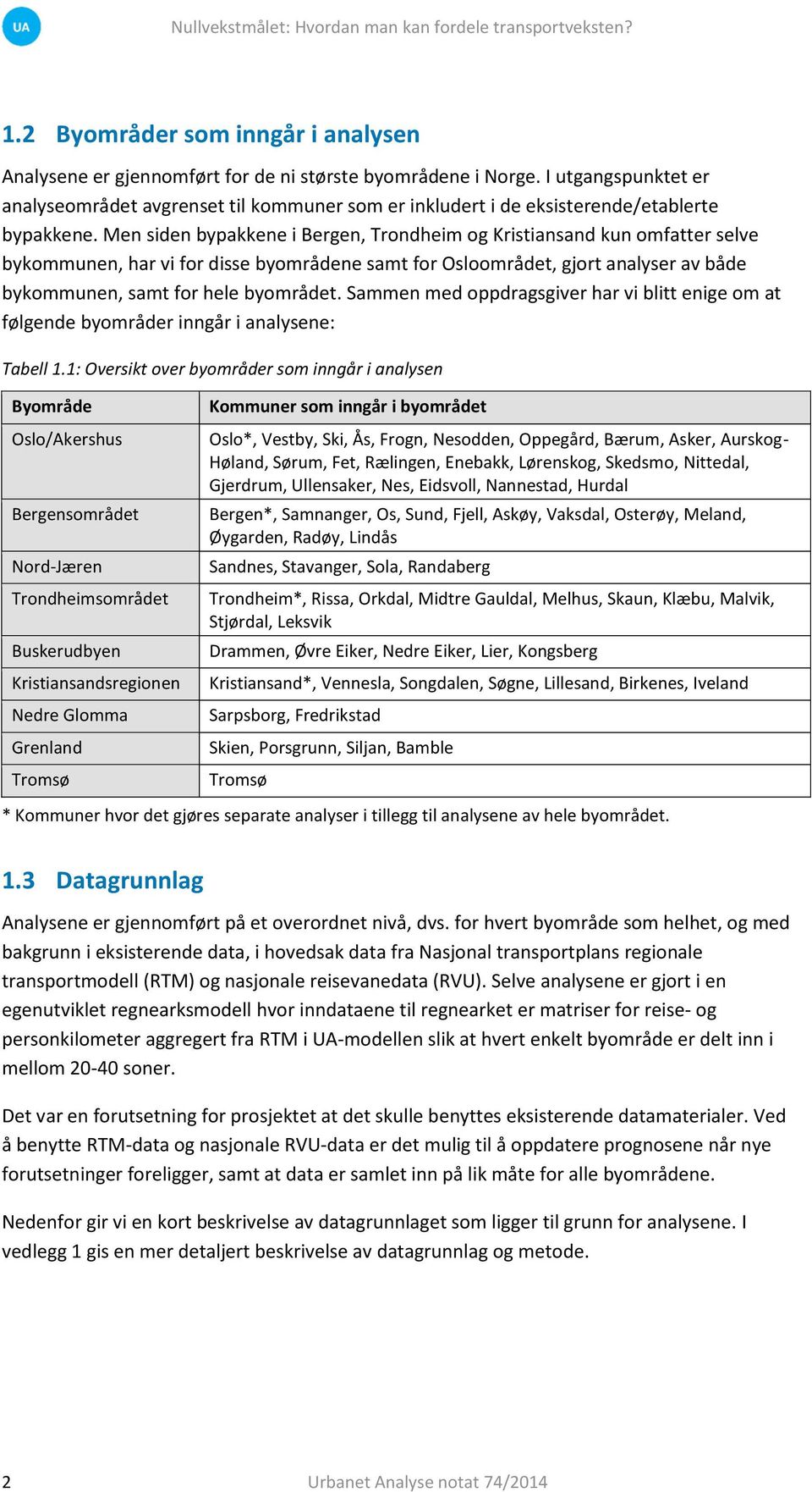 Men siden bypakkene i Bergen, Trondheim og Kristiansand kun omfatter selve bykommunen, har vi for disse byområdene samt for Osloområdet, gjort analyser av både bykommunen, samt for hele byområdet.