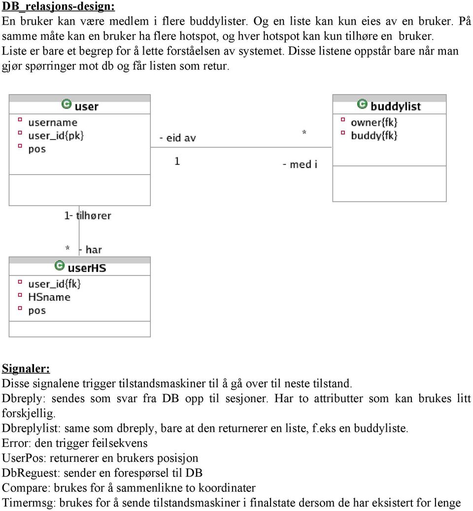 Signaler: Disse signalene trigger tilstandsmaskiner til å gå over til neste tilstand. Dbreply: sendes som svar fra DB opp til sesjoner. Har to attributter som kan brukes litt forskjellig.