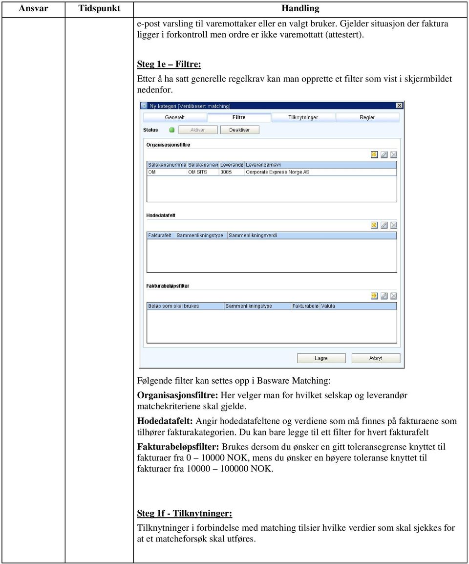 Følgende filter kan settes opp i Basware Matching: Organisasjonsfiltre: Her velger man for hvilket selskap og leverandør matchekriteriene skal gjelde.