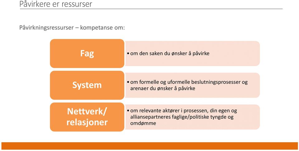 beslutningsprosesser og arenaer du ønsker å påvirke Nettverk/ relasjoner