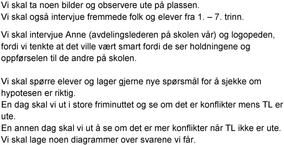 oppførselen til de andre på skolen. Vi skal spørre elever og lager gjerne nye spørsmål for å sjekke om hypotesen er riktig.