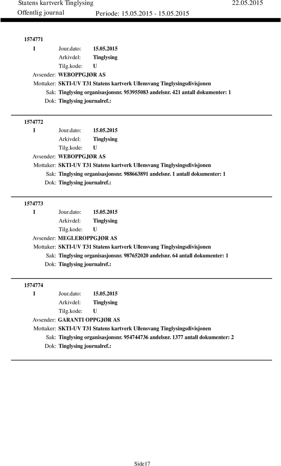 1 antall dokumenter: 1 Dok: journalref.: 1574773 Avsender: MEGLEROPPGJØR AS Mottaker: SKTI-V T31 Statens kartverk llensvang sdivisjonen Sak: organisasjonsnr. 987652020 andelsnr.