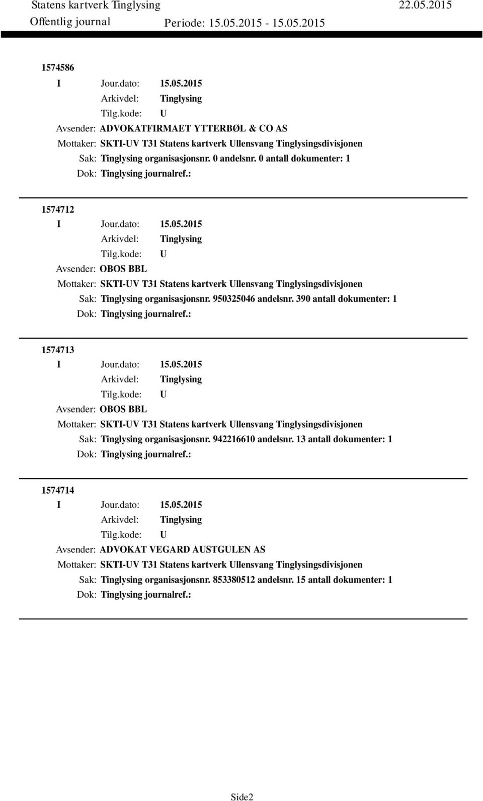 390 antall dokumenter: 1 Dok: journalref.: 1574713 Avsender: OBOS BBL Mottaker: SKTI-V T31 Statens kartverk llensvang sdivisjonen Sak: organisasjonsnr. 942216610 andelsnr.