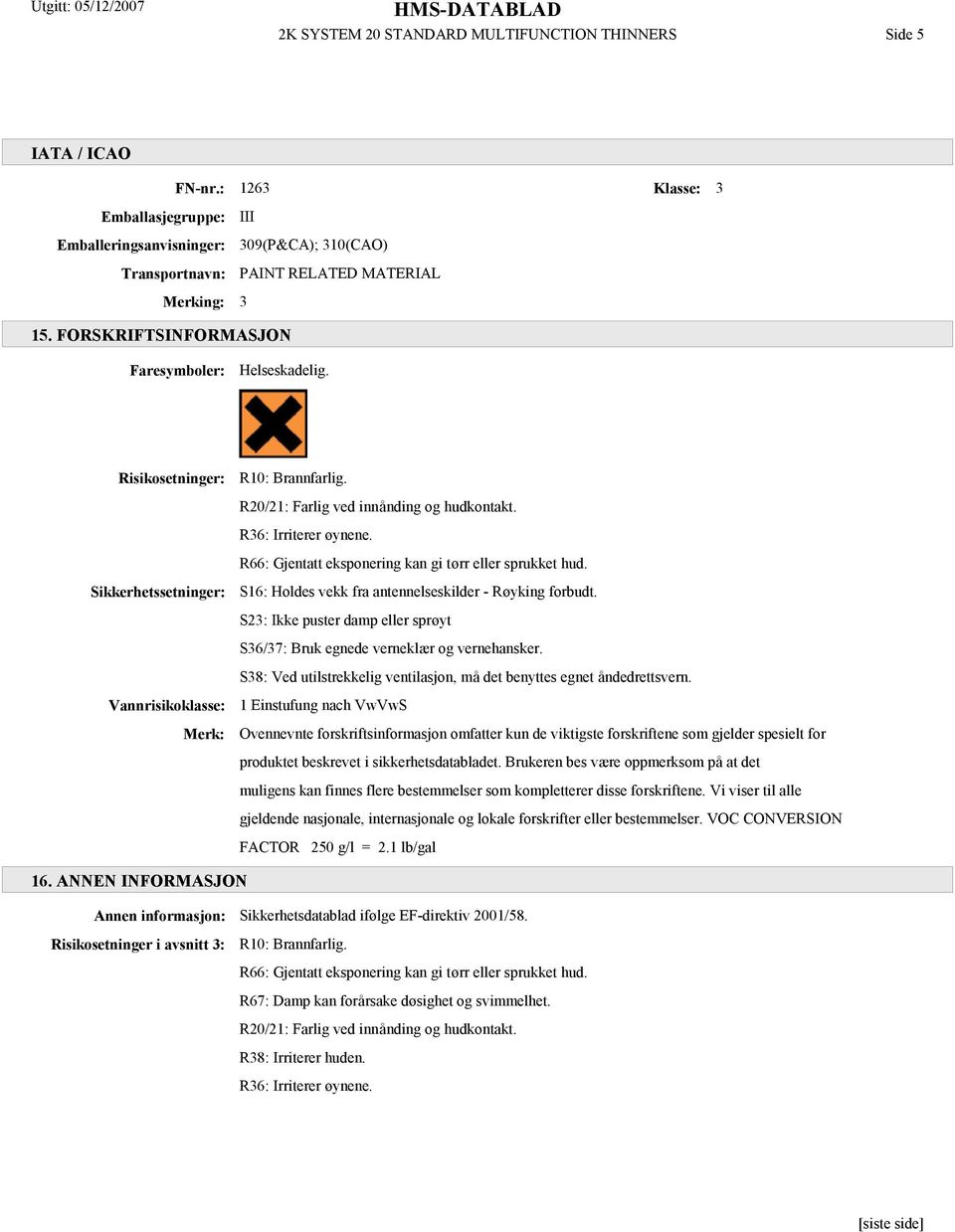 Risikosetninger: Sikkerhetssetninger: Vannrisikoklasse: Merk: R10: Brannfarlig. R20/21: Farlig ved innånding og hudkontakt. R36: Irriterer øynene.