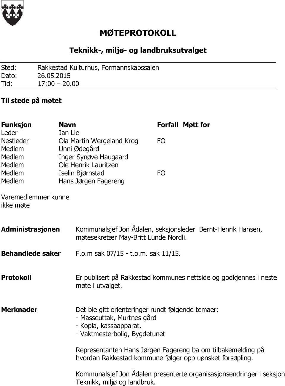 Fagereng Varemedlemmer kunne ikke møte Administrasjonen Kommunalsjef Jon Ådalen, seksjonsleder Bernt-Henrik Hansen, møtesekretær May-Britt Lunde Nordli. Behandlede saker F.o.m sak 07/15 - t.o.m. sak 11/15.