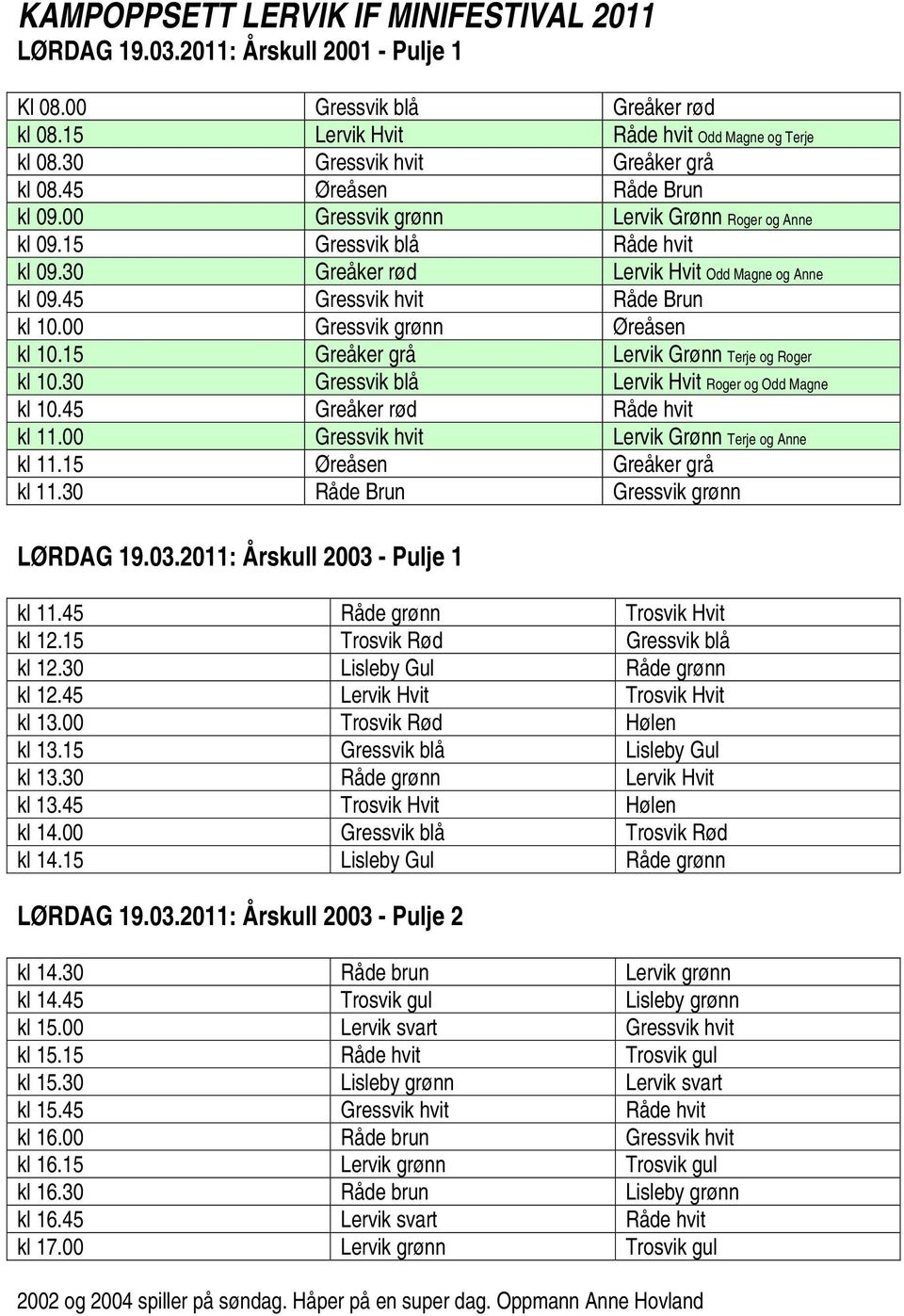 45 Gressvik hvit Råde Brun kl 10.00 Gressvik grønn Øreåsen kl 10.15 Greåker grå Lervik Grønn Terje og Roger kl 10.30 Gressvik blå Lervik Hvit Roger og Odd Magne kl 10.45 Greåker rød Råde hvit kl 11.