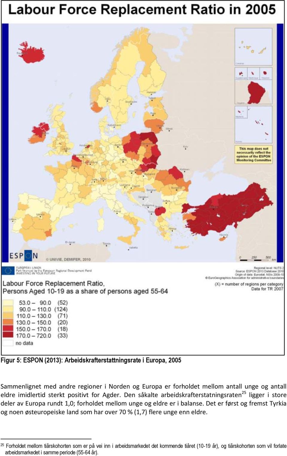 Den såkalte arbeidskrafterstatningsraten 25 ligger i store deler av Europa rundt 1,0; forholdet mellom unge og eldre er i balanse.