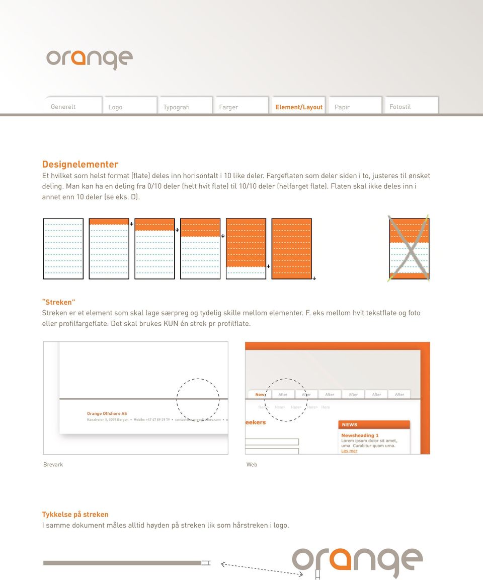 Flaten skal ikke deles inn i annet enn 10 deler (se eks. D). Streken Streken er et element som skal lage særpreg og tydelig skille mellom elementer. F.