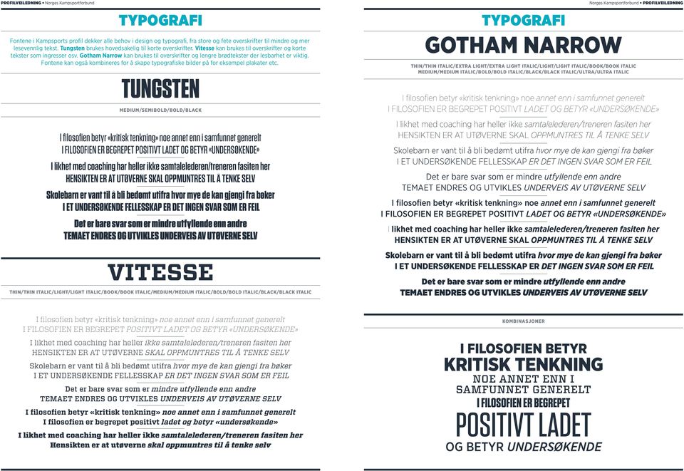 Gotham narrow kan brukes til overskrifter og lengre brødtekster der lesbarhet er viktig. Fontene kan også kombineres for å skape typografiske bilder på for eksempel plakater etc.