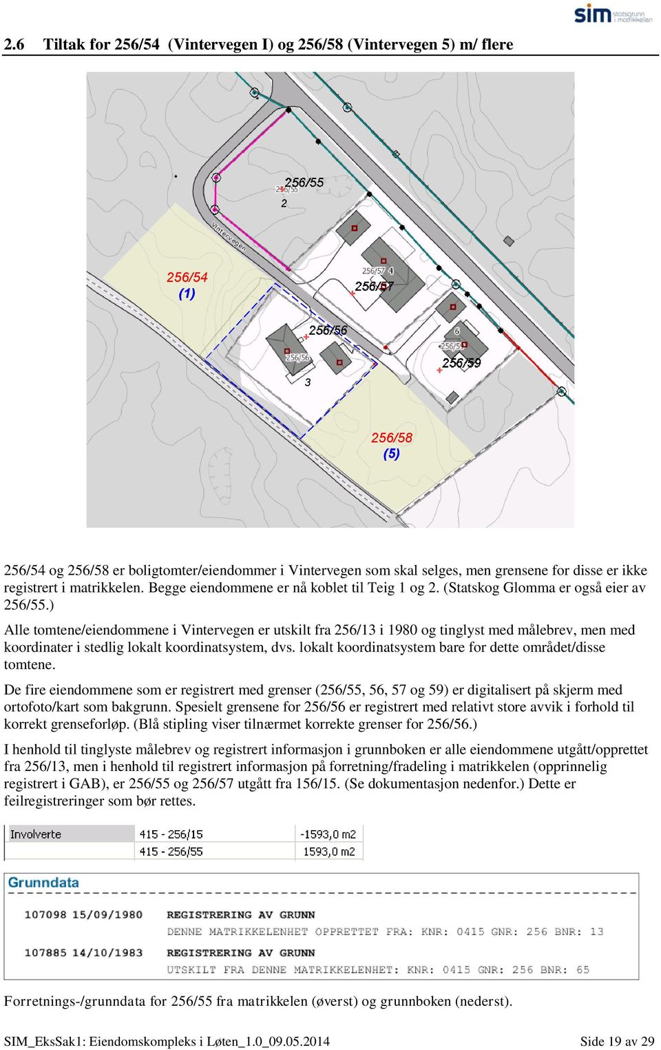 ) Alle tomtene/eiendommene i Vintervegen er utskilt fra 256/13 i 1980 og tinglyst med målebrev, men med koordinater i stedlig lokalt koordinatsystem, dvs.