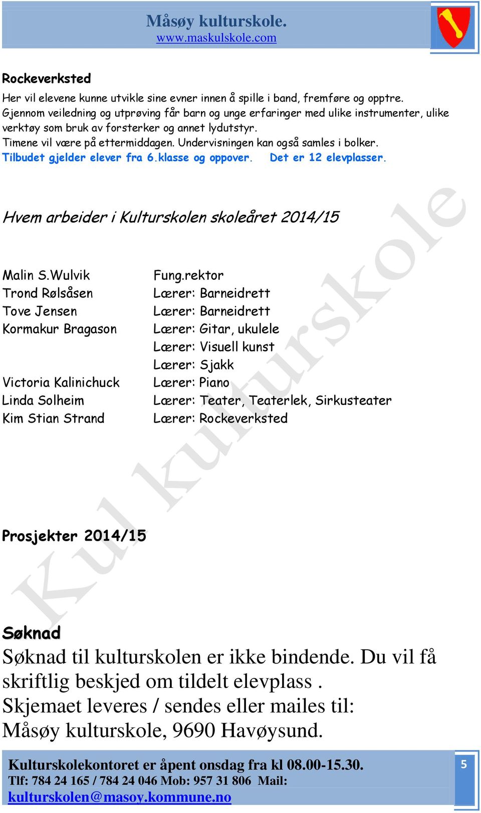 Undervisningen kan også samles i bolker. Tilbudet gjelder elever fra 6.klasse og oppover. Det er 12 elevplasser. Hvem arbeider i Kulturskolen skoleåret 2014/15 Malin S.