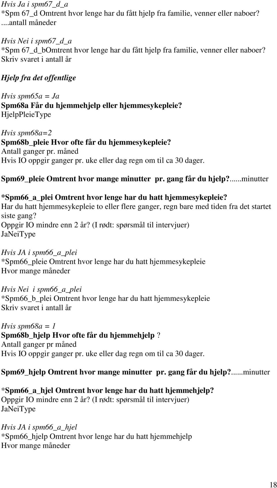 Skriv svaret i antall år Hjelp fra det offentlige Hvis spm65a = Ja Spm68a Får du hjemmehjelp eller hjemmesykepleie? HjelpPleieType Hvis spm68a=2 Spm68b_pleie Hvor ofte får du hjemmesykepleie?