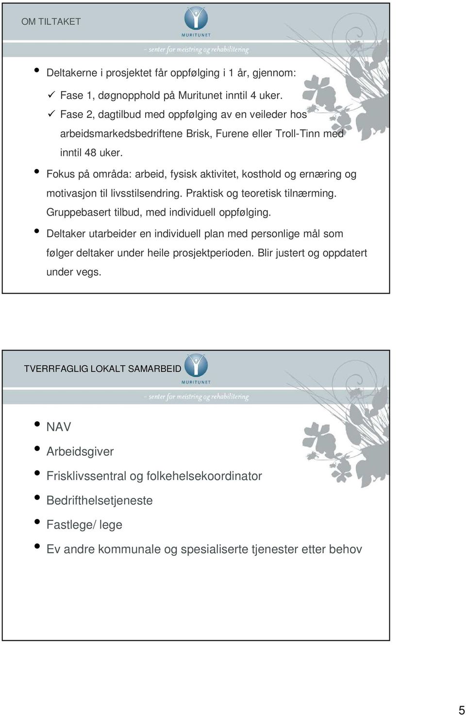 Fokus på områda: arbeid, fysisk aktivitet, kosthold og ernæring og motivasjon til livsstilsendring. Praktisk og teoretisk tilnærming. Gruppebasert tilbud, med individuell oppfølging.