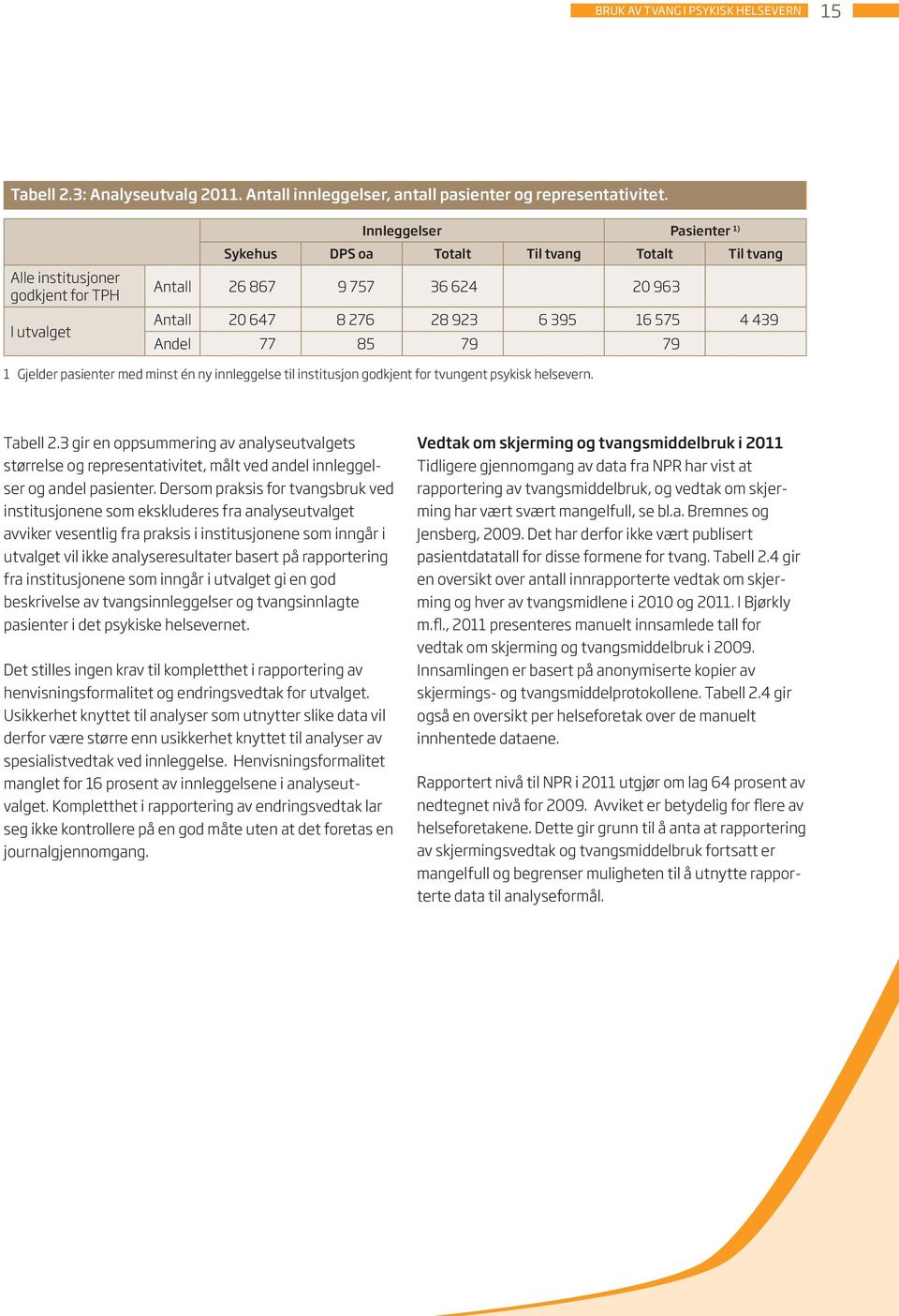 439 Andel 77 85 79 79 1 Gjelder pasienter med minst én ny innleggelse til institusjon godkjent for tvungent psykisk helsevern. Tabell 2.