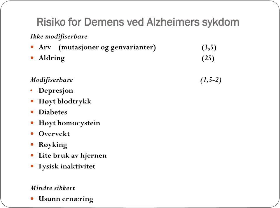 (1,5-2) Depresjon Høyt blodtrykk Diabetes Høyt homocystein Overvekt