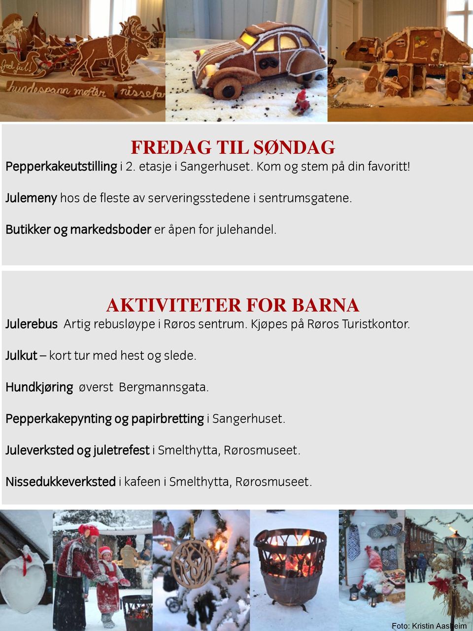 AKTIVITETER FOR BARNA Julerebus Artig rebusløype i Røros sentrum. Kjøpes på Røros Turistkontor. Julkut kort tur med hest og slede.