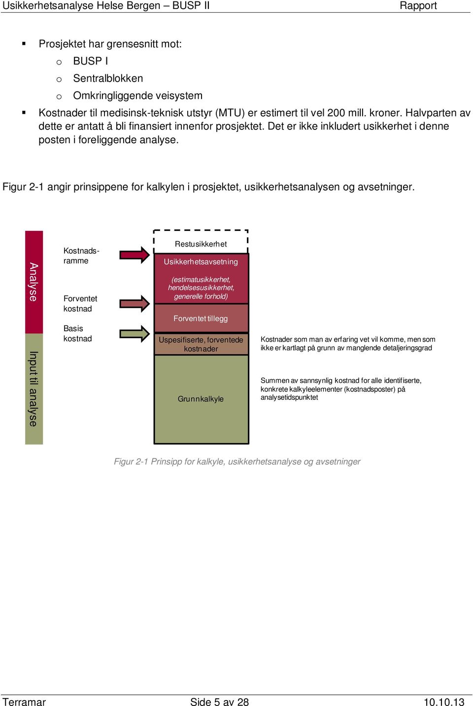 Figur 2-1 angir prinsippene for kalkylen i prosjektet, usikkerhetsanalysen og avsetninger.