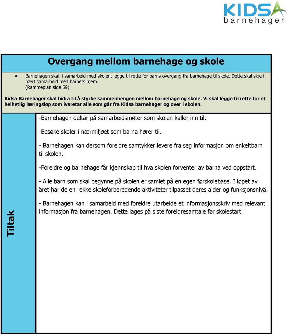 Vi skal legge til rette for et helhetlig læringsløp som ivaretar alle som går fra Kidsa barnehager og over i skolen. -Barnehagen deltar på samarbeidsmøter som skolen kaller inn til.